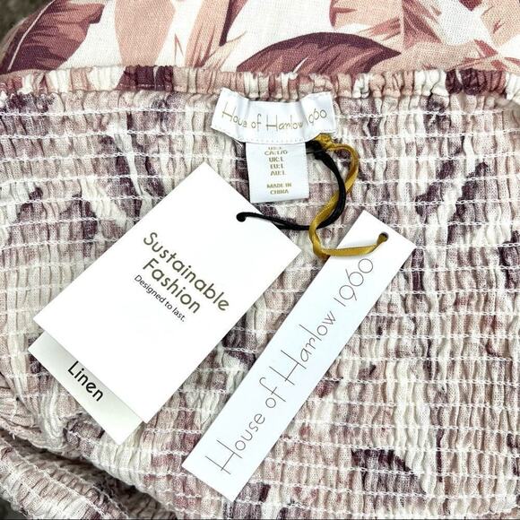 NWT House of Harlow 1960 Palm Leaf Linen Smocked Midi Dress L Cottagecore Boho - Picture 15 of 16